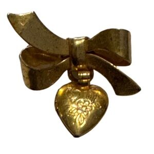 Vintage mini locket Gold Heart Bow Pendant broach